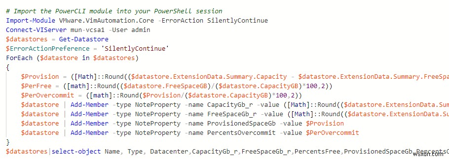 PowerCLI के माध्यम से VMFS डेटास्टोर पर खाली स्थान की जाँच करना 