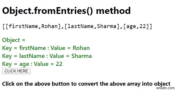 Object.fromEntries() जावास्क्रिप्ट में विधि। 