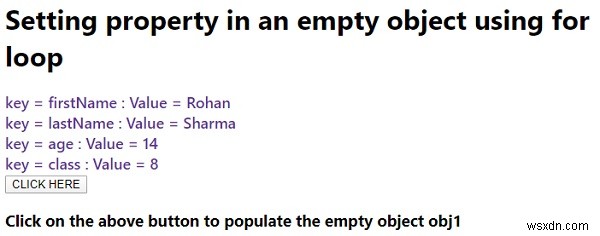 जावास्क्रिप्ट में लूप के लिए उपयोग करके एक खाली वस्तु में संपत्ति सेट करना। 