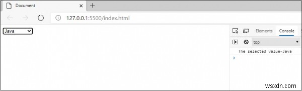 जावास्क्रिप्ट में कंसोल पर ड्रॉपडाउन (चयन) चयनित मान प्रदर्शित करें? 