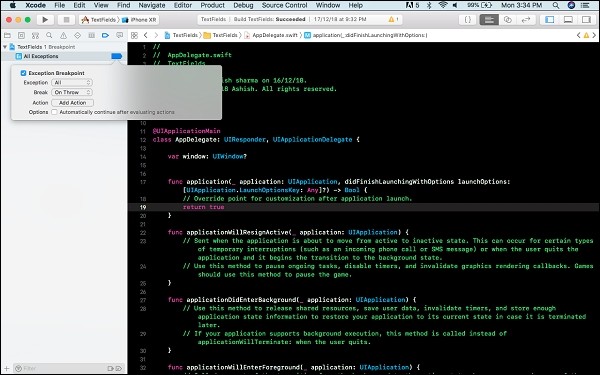 एक्सकोड में अपवाद ब्रेकपॉइंट कैसे जोड़ें? 