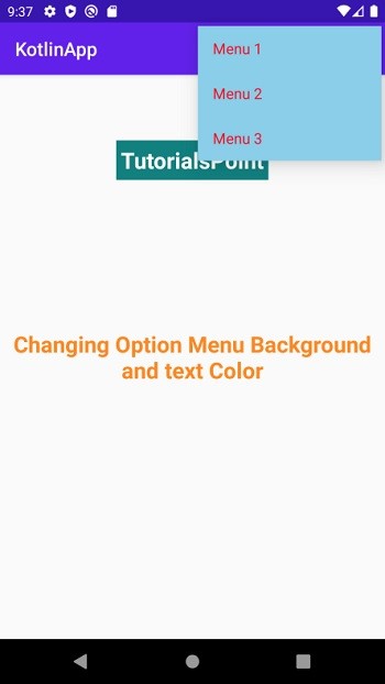 कोटलिन का उपयोग करके एंड्रॉइड में मेनू आइटम का टेक्स्ट रंग कैसे बदलें? 