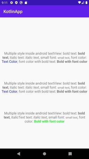 कोटलिन का उपयोग करके एंड्रॉइड पर टेक्स्ट व्यू के अंदर कई शैलियों को कैसे बनाएं? 