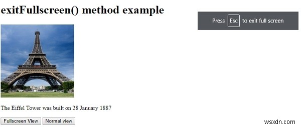 HTML DOM से बाहर निकलें फुलस्क्रीन () विधि 