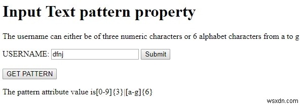 HTML DOM इनपुट टेक्स्ट पैटर्न गुण 