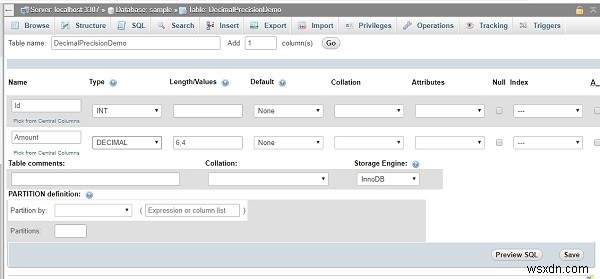 PHPMyAdmin का उपयोग करके MySQL डेटाबेस में दशमलव परिशुद्धता और स्केल संख्या कैसे निर्दिष्ट करें? 