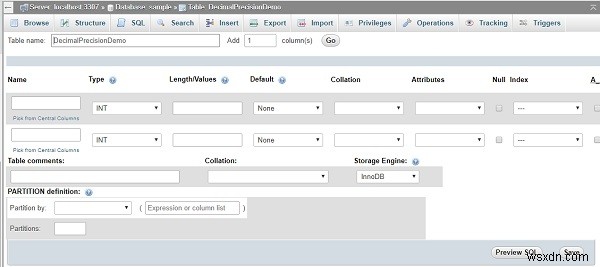 PHPMyAdmin का उपयोग करके MySQL डेटाबेस में दशमलव परिशुद्धता और स्केल संख्या कैसे निर्दिष्ट करें? 