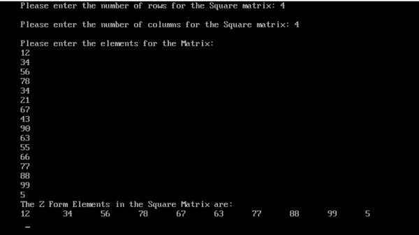स्क्वायर मैट्रिक्स को Z रूप में C . में प्रिंट करने का कार्यक्रम 