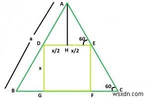 सबसे बड़ा वर्ग जिसे C में एक समबाहु त्रिभुज के भीतर अंकित किया जा सकता है? 