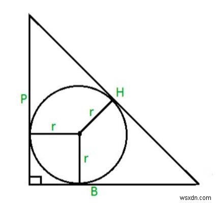 C प्रोग्राम में एक समकोण त्रिभुज के अंतःवृत्त का क्षेत्रफल? 