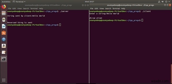 क्लाइंट सर्वर मॉडल का उपयोग करके C/C++ में एक स्ट्रिंग को उल्टा करें 