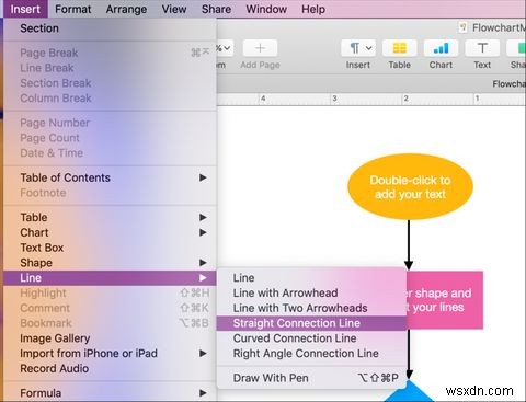 Mac पर पेजों में एक साधारण फ़्लोचार्ट कैसे बनाएँ 