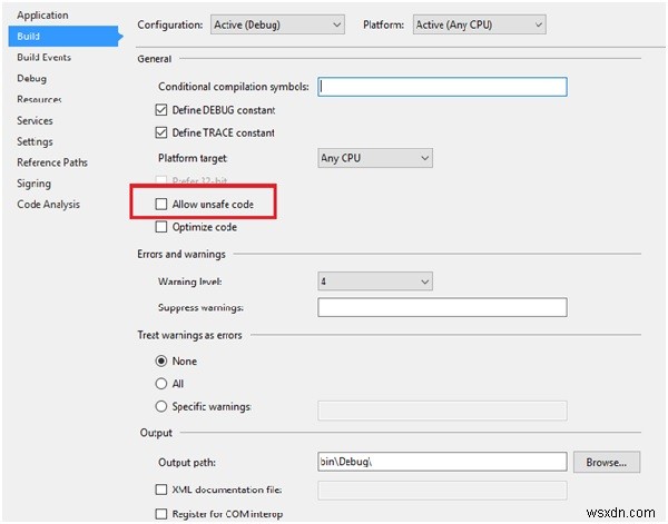 सी # में असुरक्षित कोड कैसे संकलित करें? 