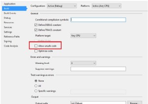 सी # में असुरक्षित कोड कैसे संकलित करें? 