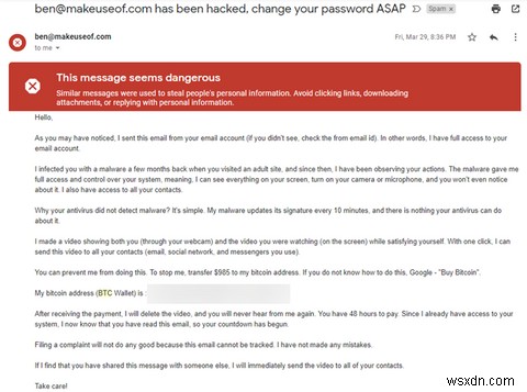 वयस्क वेबसाइट ईमेल घोटाला:चोरों को बिटकॉइन न दें 