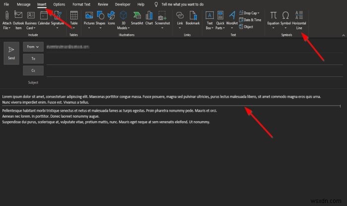आउटलुक ईमेल संदेशों में क्षैतिज रेखा कैसे डालें 