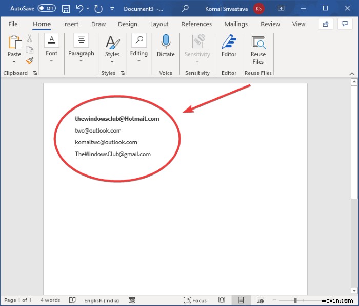 Word दस्तावेज़ से ईमेल पते कैसे निकालें 