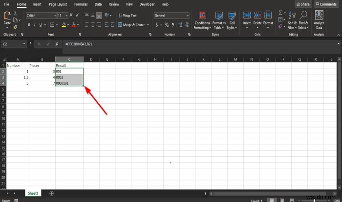 दशमलव संख्या को बाइनरी में बदलने के लिए Microsoft Excel में DEC2Bin फ़ंक्शन का उपयोग कैसे करें 