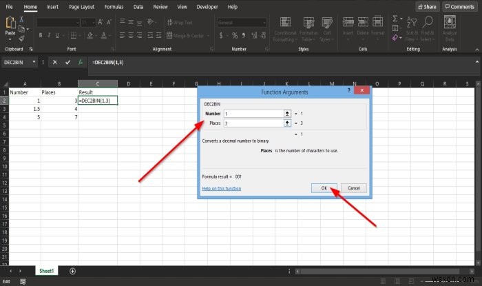 दशमलव संख्या को बाइनरी में बदलने के लिए Microsoft Excel में DEC2Bin फ़ंक्शन का उपयोग कैसे करें 