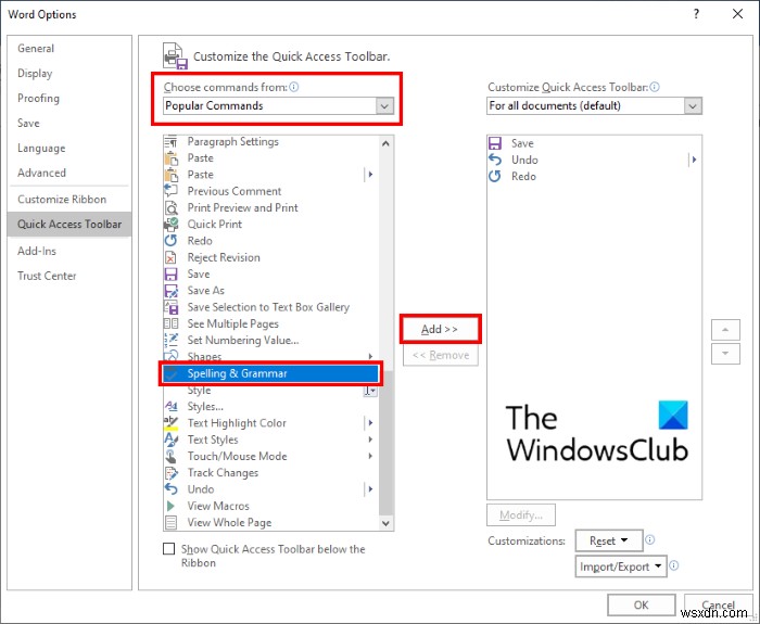 वर्ड में क्विक एक्सेस टूलबार पर स्पेलिंग और ग्रामर टूल कैसे दिखाएं