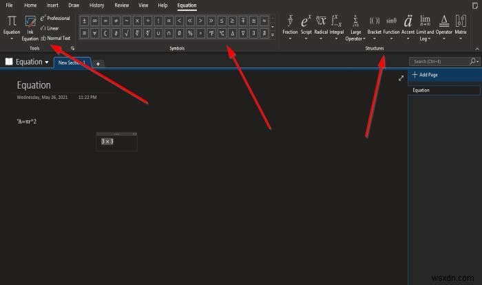 OneNote में किसी पृष्ठ में समीकरण और चिह्न कैसे सम्मिलित करें