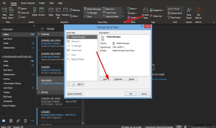 आउटलुक में त्वरित चरण कैसे बनाएं, संपादित करें और हटाएं