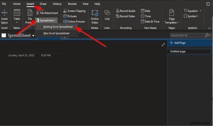 OneNote में एक्सेल स्प्रेडशीट कैसे डालें