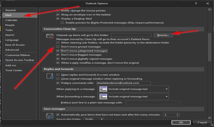 आउटलुक कन्वर्सेशन क्लीनअप सेटिंग्स कैसे बदलें 