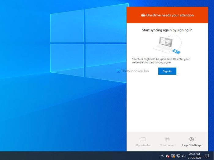 OneDrive को आपका ध्यान चाहिए, साइन इन करके पुन:समन्वयन प्रारंभ करें 