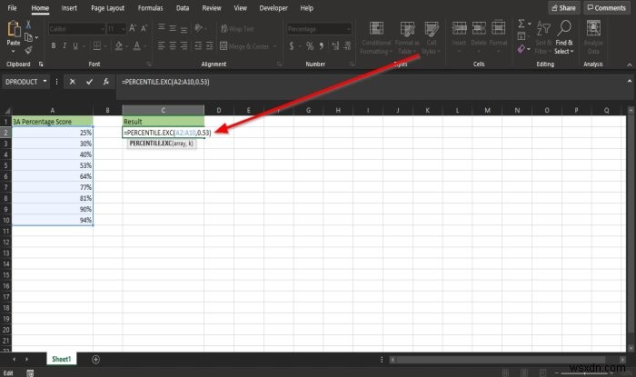 Microsoft Excel में Percentile.Exc फ़ंक्शन का उपयोग कैसे करें 