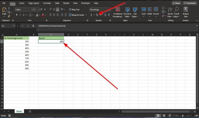 Microsoft Excel में Percentile.Exc फ़ंक्शन का उपयोग कैसे करें 