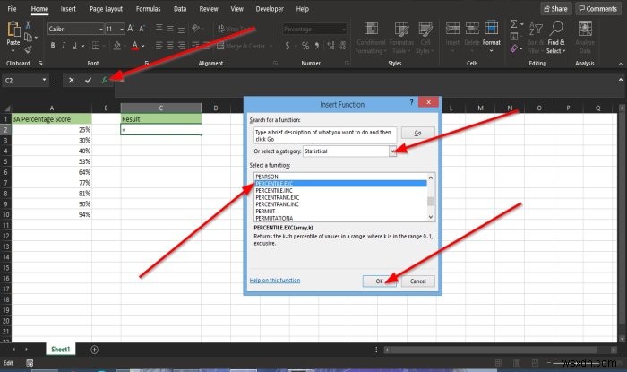 Microsoft Excel में Percentile.Exc फ़ंक्शन का उपयोग कैसे करें 