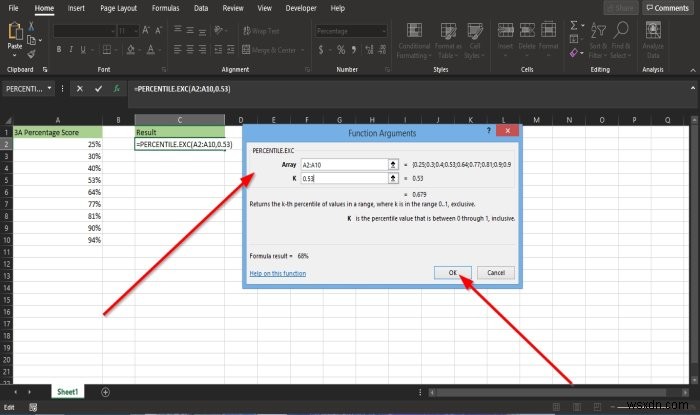 Microsoft Excel में Percentile.Exc फ़ंक्शन का उपयोग कैसे करें 