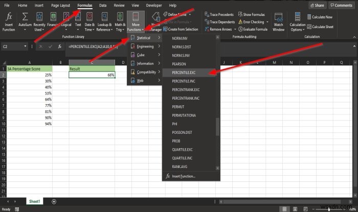 Microsoft Excel में Percentile.Exc फ़ंक्शन का उपयोग कैसे करें 