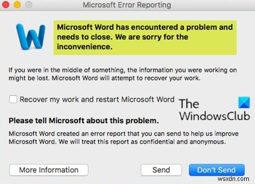 Microsoft Word में कोई समस्या आई है और उसे Mac पर बंद करना होगा
