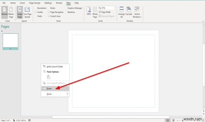 Microsoft Publisher में रूलर बार को कैसे दिखाएँ या छिपाएँ और उपयोग करें? 