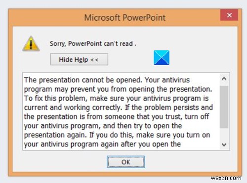 क्षमा करें, PowerPoint त्रुटि संदेश नहीं पढ़ सकता 