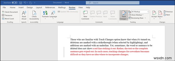 Word में ट्रैक परिवर्तन सक्षम होने पर हटाएं बटन स्ट्राइकथ्रू नहीं दिखाता है 