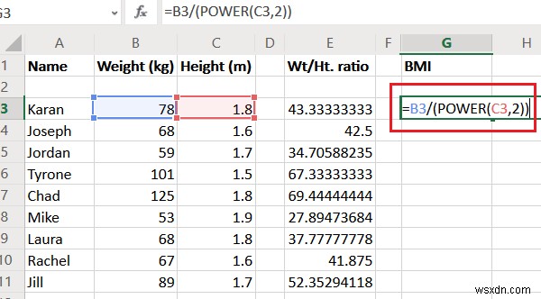 इस बीएमआई गणना सूत्र का उपयोग करके एक्सेल में वजन से ऊंचाई अनुपात और बीएमआई की गणना करें 