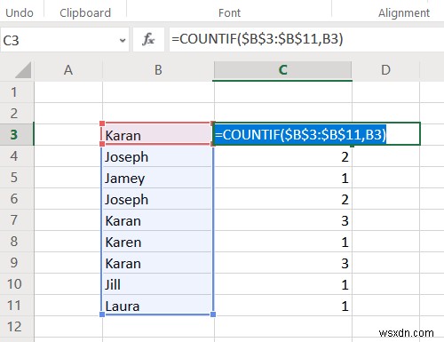 Excel में किसी कॉलम में डुप्लिकेट मानों की गणना कैसे करें 