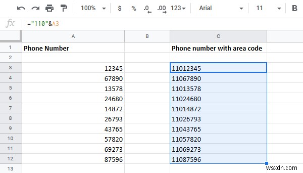 एक्सेल में फोन नंबर सूची में देश या क्षेत्र कोड कैसे जोड़ें 