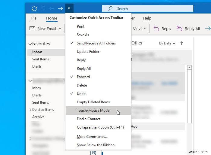 आउटलुक में टच और माउस मोड के बीच कैसे स्विच करें