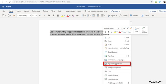 वेब के लिए Word में Microsoft Word पुनर्लेखन सुझाव सुविधा का उपयोग कैसे करें