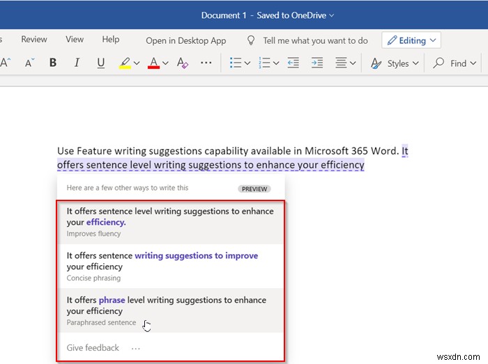 वेब के लिए Word में Microsoft Word पुनर्लेखन सुझाव सुविधा का उपयोग कैसे करें
