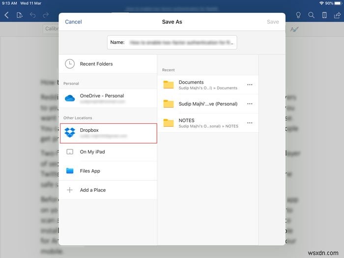 आईपैड पर ड्रॉपबॉक्स में माइक्रोसॉफ्ट ऑफिस फाइल कैसे सेव करें 