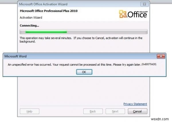 Microsoft Office सक्रियण त्रुटि को ठीक करें 0x80070426 