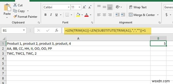 Excel और Google पत्रक में एकल कक्ष में अल्पविराम से अलग किए गए मानों की संख्या की गणना करें 