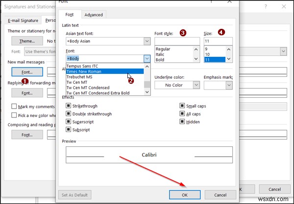 Microsoft Outlook में डिफ़ॉल्ट फ़ॉन्ट, रंग, शैली और आकार कैसे बदलें
