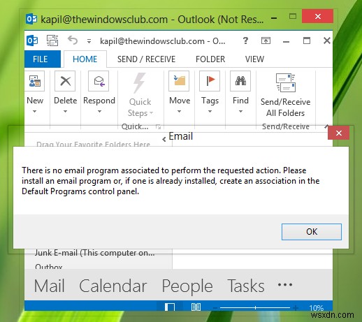 Outlook में अनुरोधित क्रिया त्रुटि करने के लिए कोई ईमेल प्रोग्राम संबद्ध नहीं है 