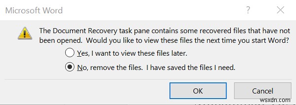 दस्तावेज़ पुनर्प्राप्ति कार्य फलक में कुछ पुनर्प्राप्त फ़ाइलें होती हैं जिन्हें खोला नहीं गया है 